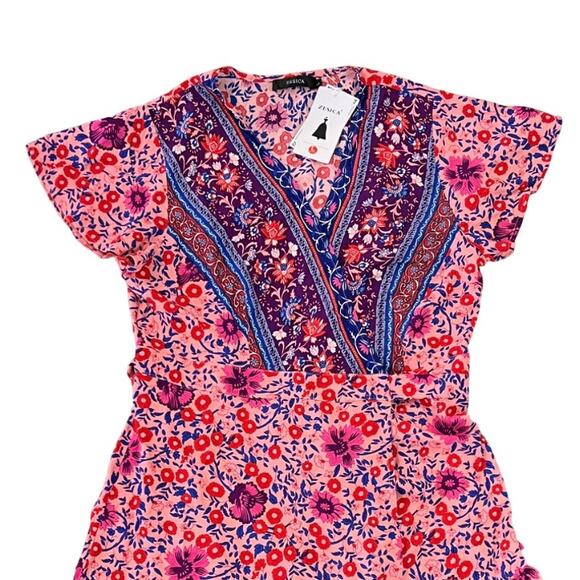NWT ZESICA Pink Floral Wrap V-Neck Bohemian Ruffle Swing Mini Dress - SIZE L - Picture 2 of 8